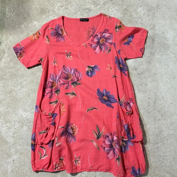 Bella Amore Linen Dress Women’s Medium Orange Red Purple Pockets Floral V-Neck - Picture 7 of 13